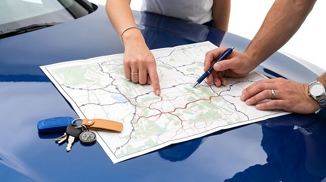 Couple planning a road trip with a map on a car hood