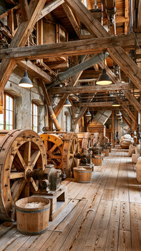 Rustic interior of an old mill with wooden machinery and warm lighting.