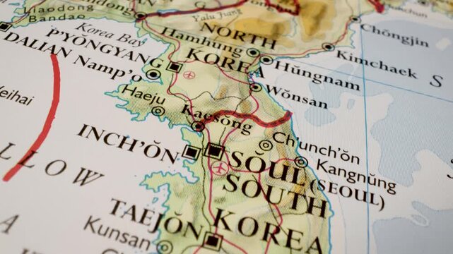 korean peninsula: cinematic map journey showing south korea and north korea borders