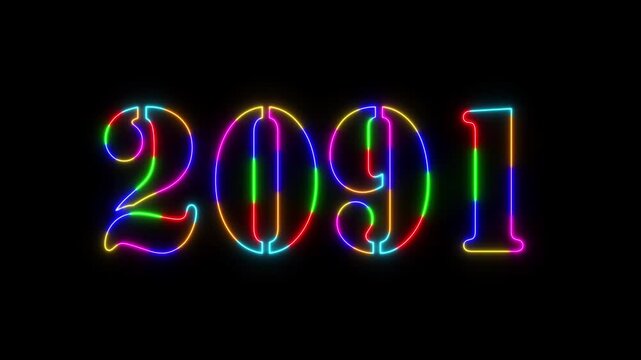 Abstract 2091 neon colourful text animation ,For neon colourful Glowing neon number text background 4k video animation .Digital font against a dark background with neon line looping animation.