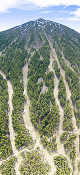 Seen from the sky during summer, ski trails meander through the forest on the slopes of Mt. Bachelor, Oregon. This iconic volcanic mountain is part of the Cascade Range and just 22 miles from Bend.