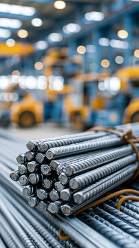 Close-up of steel rebar bundles in a large industrial warehouse setting.