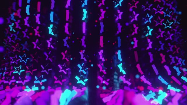 Seamless VJ loop with glowing neon stars abstract structure and psychedelic motion for high-tech club visuals, electronic music festivals, stage screens and for LED video walls