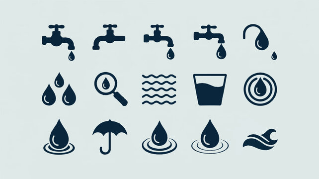 A collection of minimalist vector icons featuring water drops taps waves and environmental elements