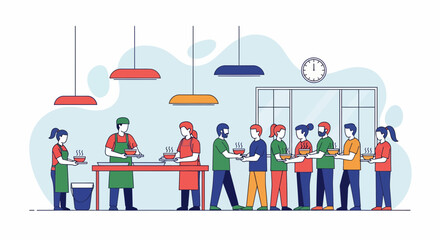 Naklejka premium Volunteers serve hot soup meals to people in line at a local community kitchen for charity