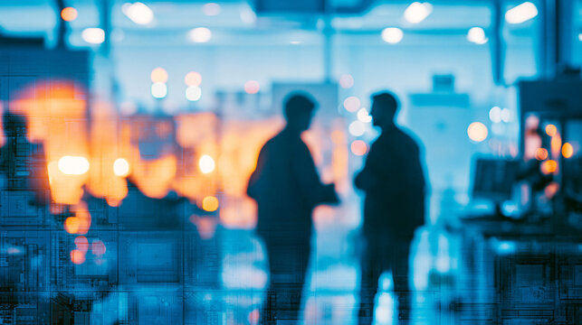 Two men engaged in conversation in a modern, vibrant workspace.