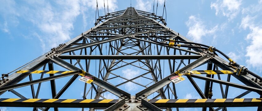Low angle view of a high voltage electrical transmission tower against sky
