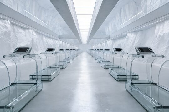 Endless rows of transparent glass treadmills in a sterile white icy cavern, minimalist dystopian architecture, clinical lighting, symmetrical perspective, corporate concept.
