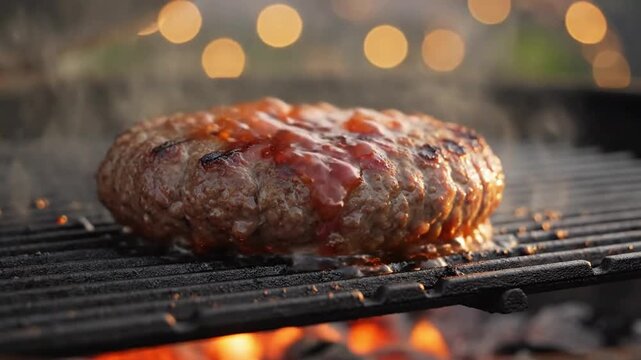 Extreme slow motion: Thick, juicy hamburger patty sizzling on a backyard grill, bright orange embers glowing, smoke rising into the warm evening air, a summer barbecue experience.