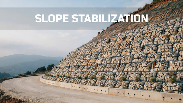 Slope stabilization project featuring rock formation and road along the hillside designed to enhance safety and prevent erosion in the area