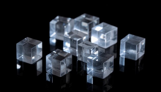 Clear crystal cubes scattered on glossy dark background クリスタルキューブ 黒背景