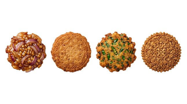 Four different types of savory fried vegetable patties high quality 4K PNG image in white high quality 4K PNG image in white background