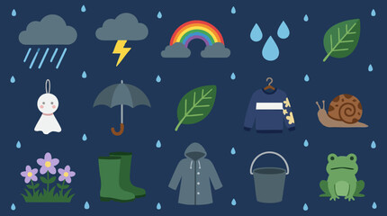 Obraz premium Rainy season flat icons: weather, nature, and objects illustration set