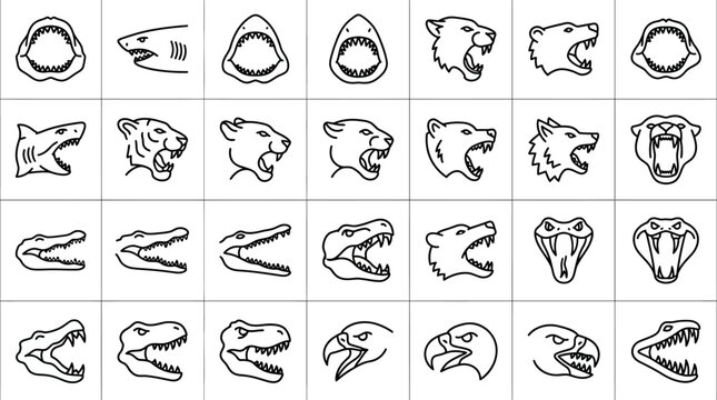 Animal predator heads and jaws linear icons