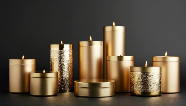 Group of elegant lit golden candles on dark background 火の灯ったエレガントな金のキャンドル 黒背景