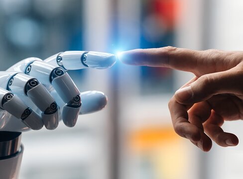Human and robotic fingers touch to spark a glowing digital connection representing the future of advanced artificial intelligence collaboration and innovation