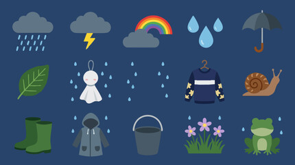 Obraz premium Rainy weather and nature icons set, cartoon flat design illustration