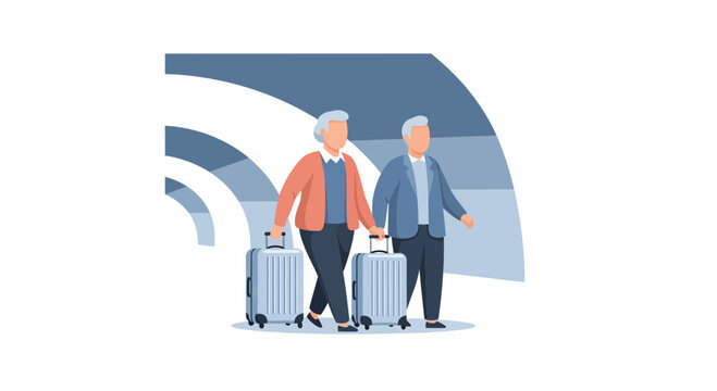 Old man and old wife with bag go to the plane at big airport gate fast
