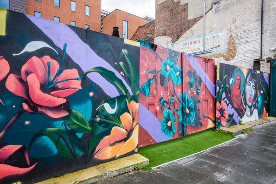 Vibrant street art mural lines a brick wall in Liverpool. Bold flowers bloom in rich reds, blues, and purples. Green grass grows at wall base near pavement. Art blends nature with abstract shapes. Mur