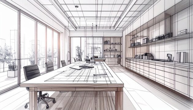 Professional boardroom interior featuring long wooden table with blueprint layout and integrated shelving units in clean architectural sketch style