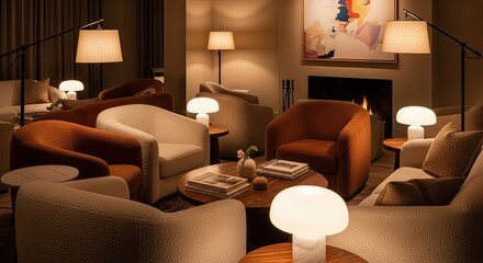 Obraz premium Modern living room interior with warm ambient lamp lighting.