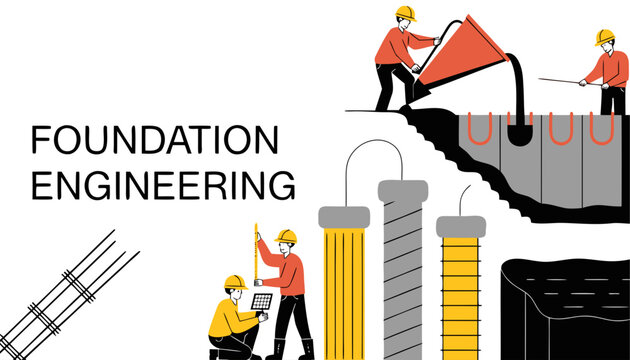 Very beautiful realistic vector illustration of FOUNDATION ENGINEERING featuring a bold engineering label reading "FOUNDATION ENGINEERING", reinforced steel rebar, concrete pouring, deep pile foundati