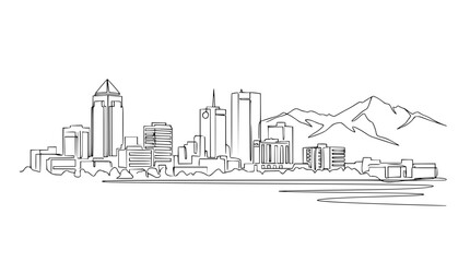 Obraz premium Continuous line drawing of a modern urban city skyline featuring tall skyscrapers and distant mountain peaks in black and white