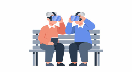 Fototapeta premium Old man and old lady use a vr headset on a bench to see a world