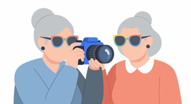 Two old pals take photo with cam wear sun glass and have fun at age