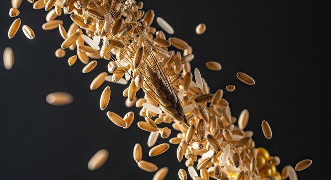 Falling wheat grains frozen in mid-air against dark background.