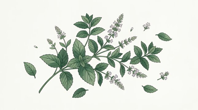 Elegant Minimalist Illustration of Mint Foliage and Blossoms for Organic Product Design and Herbal Wellness Branding  peppermint mint leaf flower botanical illustration herb plant nature