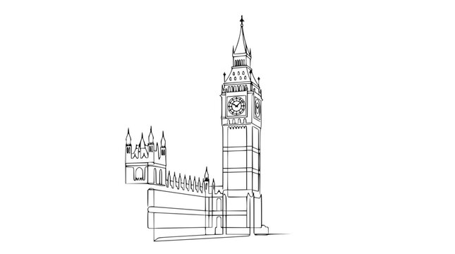 Elegant minimalist vector illustration of the iconic big ben clock tower in london created with clean simple black continuous lines