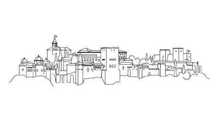 Fototapeta premium Elegant black and white vector illustration of the historic Alhambra palace complex featuring detailed architectural lines on white background