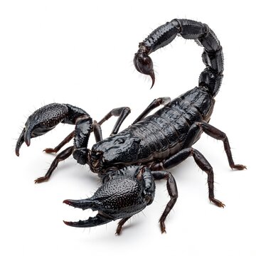 Close-up of a black emperor scorpion on white background. Detailed view of arachnid for educational or scientific use.