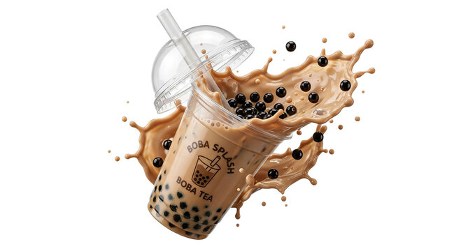 Refreshing brown sugar bubble milk tea with tapioca pearls and milk splash high quality 4K PNG image in white background