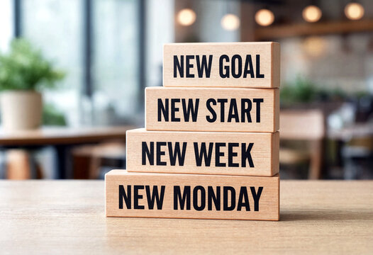 Motivational wooden blocks with new goal new start new week and new monday text on table