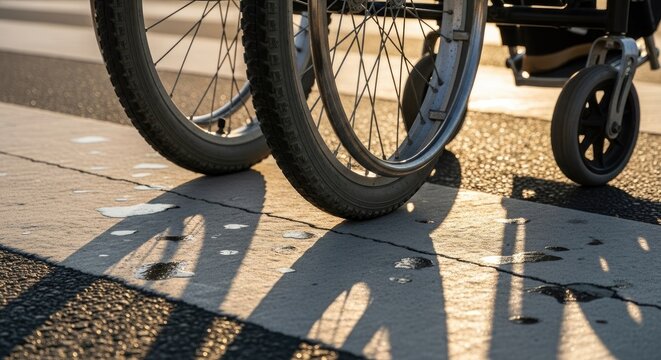 Wheelchair wheels on concrete pavement outdoors.