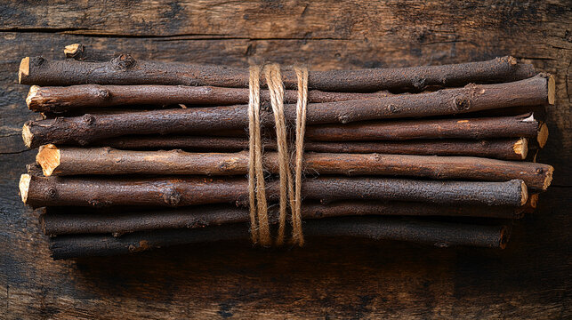 Rustic wooden sticks bundle tied together on a textured weathered wooden board.