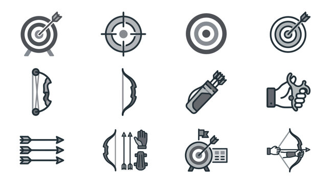 Archery equipment and target practice sport icons.