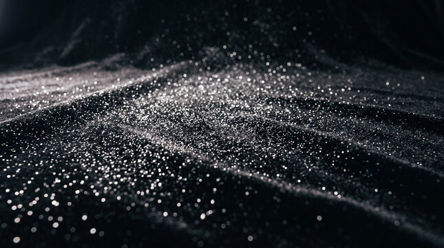 Dark fabric with silver glitter particles creating a beautiful shimmering texture under soft dim lighting