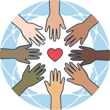 Global-Community Diverse Hands Unity Ring With Central Heart Vector Illustration