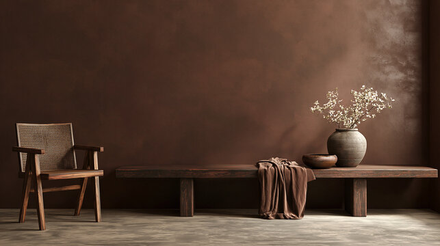 Minimalist Dark Brown Interior with Wooden Chair and Decor