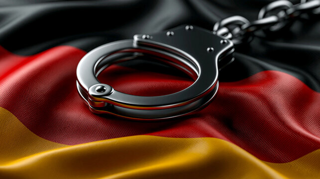 Metallene Handschellen liegen auf wehender Deutschlandflagge in Schwarz Rot Gold