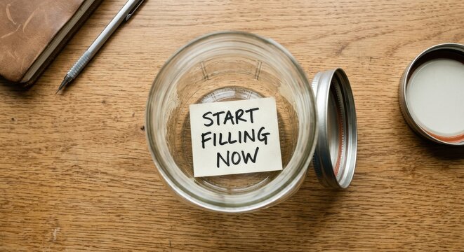 Empty glass jar with start filling now note