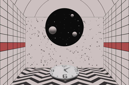 Surrealistic room with a clock