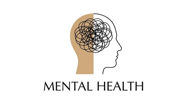 Graphic concept of mental health with a human head silhouette and a messy scribble brain representing psychological struggles