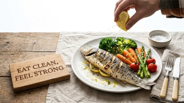 Grilled fish with lemon and vegetables on plate