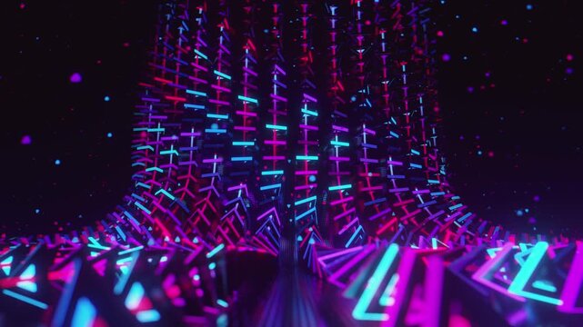 Hypnotic seamless loop of a futuristic geometric array. Abstract digital system made of rotating triangular prisms, crystalline lattices and textured metal grids, creating deep abstract background.