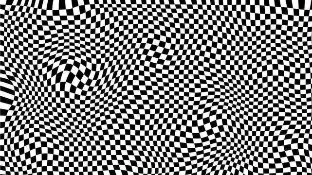 Abstract black and white checkered pattern with a wavy distortion effect