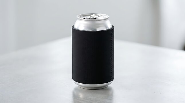 Blank metal soda can with a black neoprene foam koozie sleeve standing on a grey table surface. koozie mockup